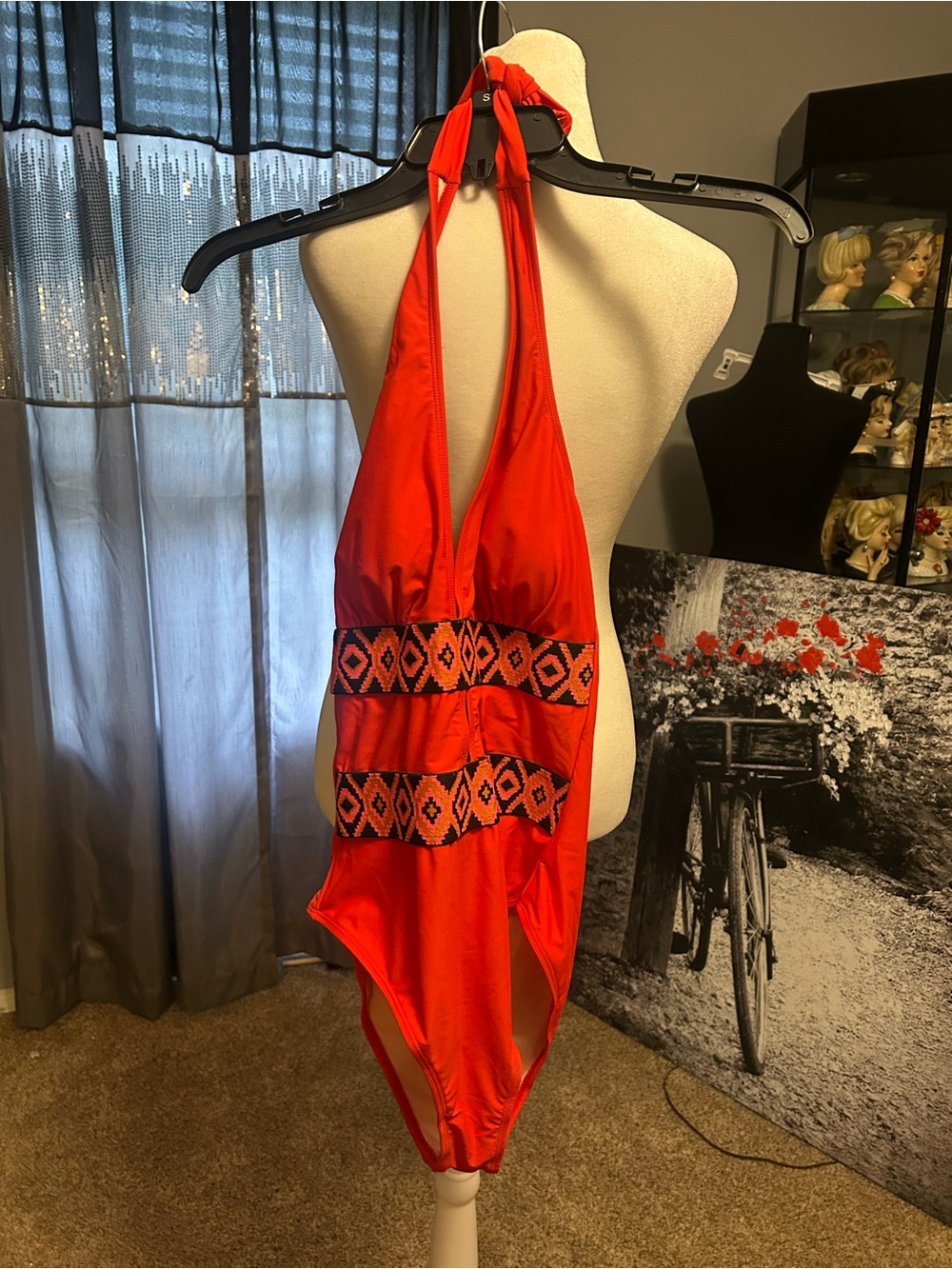 Cupshe Bright Red Halter One-Piece Swimsuit with Aztec Waistbands